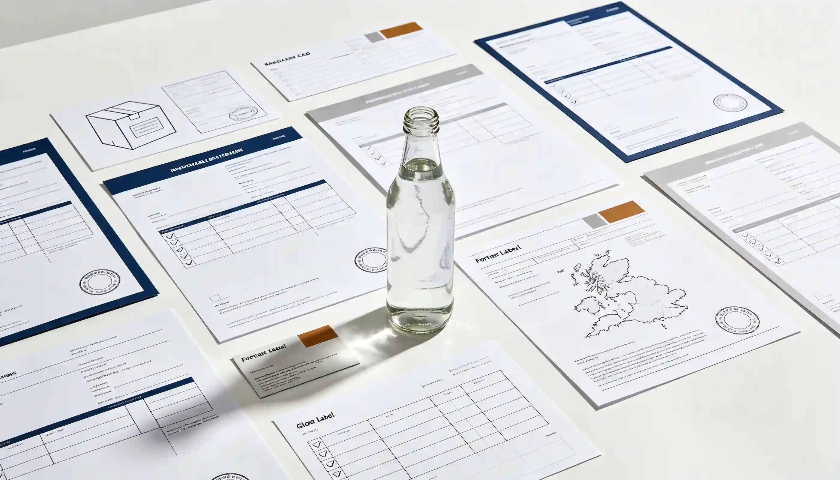 Glass bottle surrounded by import documentation for UK customs clearance