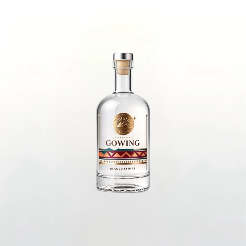 Premium thick glass liquor bottle with custom composite stopper. Various surface customization available to create exclusive packaging for small-batch distilled drinks.