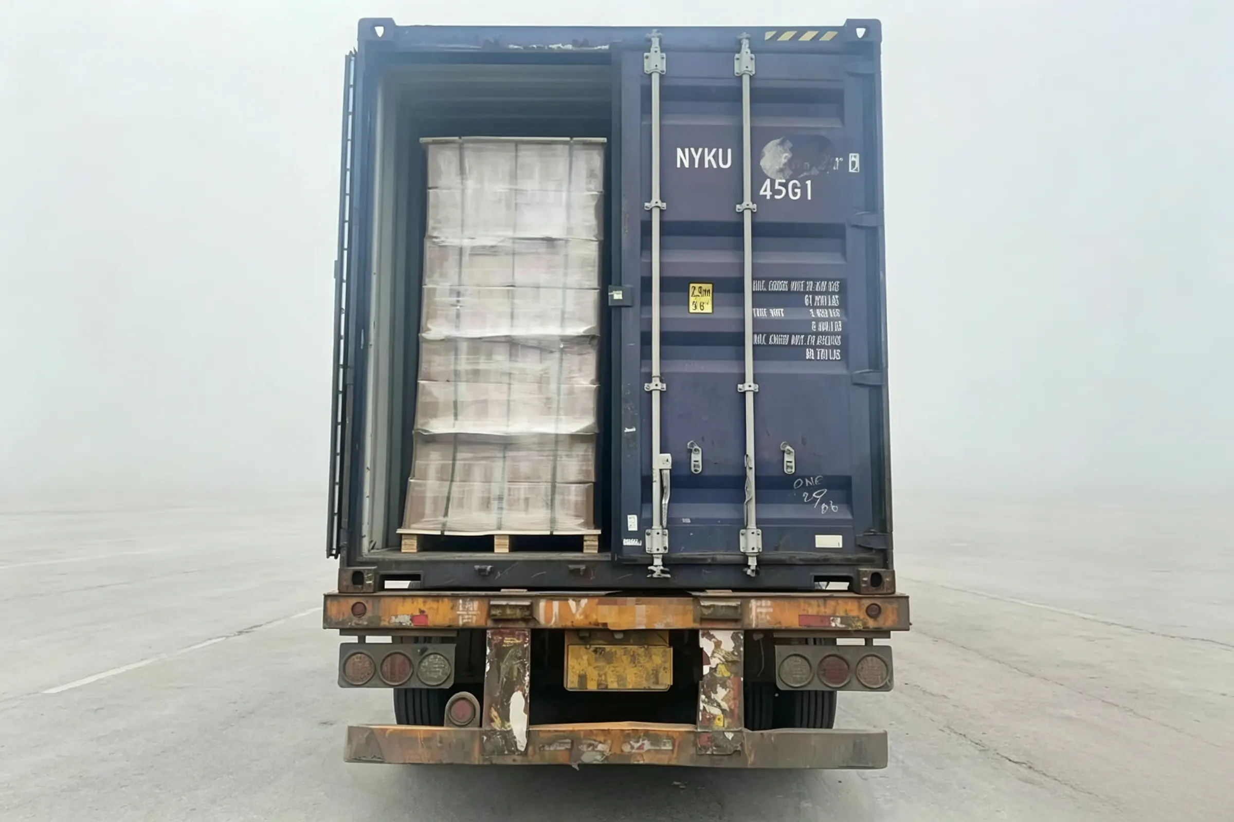 Rear view of the 40HQ container with secured glassware pallets after loading