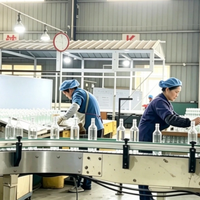 Factory workers conduct manual visual re‑inspection for glass bottles on production line
