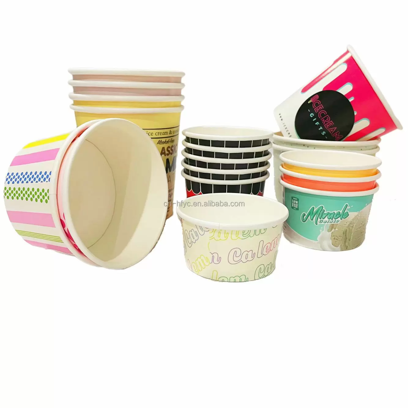 Disposable rainbow ice cream paper cups with lids
