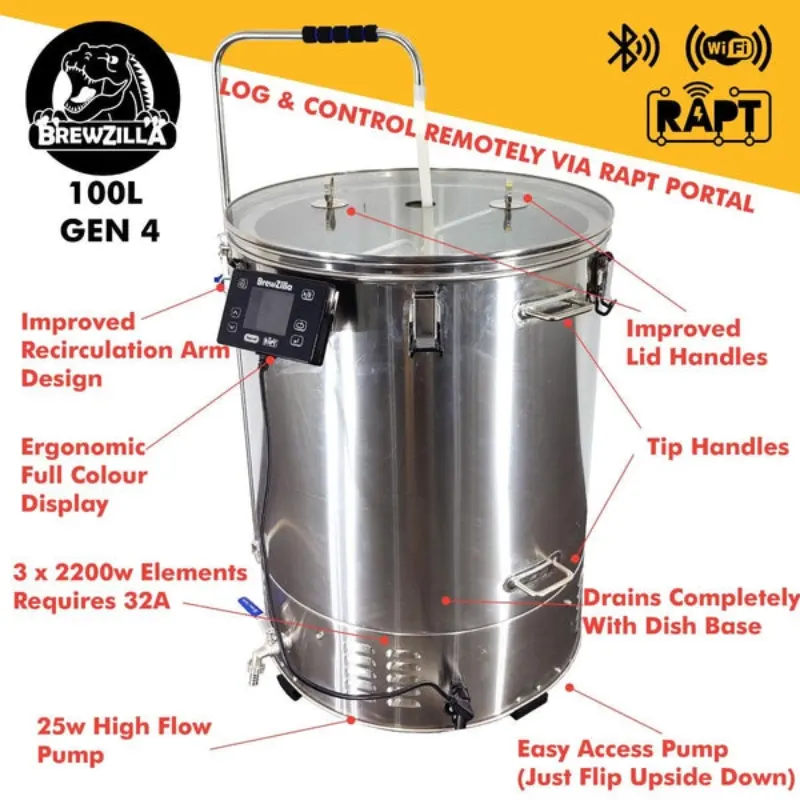 Gen 4 Brewzilla 100L with Pump 2200w/2200/2200w - 220-240V AC