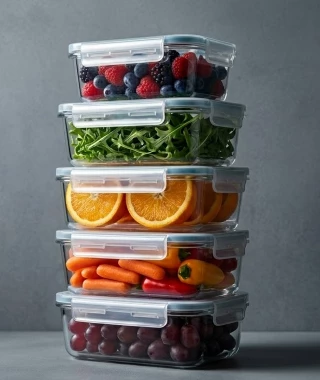 HOMIE Oven-Safe, Leak-Proof Glass Food Storage Containers—featuring a premium textured design ideal for glamping and outdoor adventure dining; microwave-safe and vacuum-sealable.