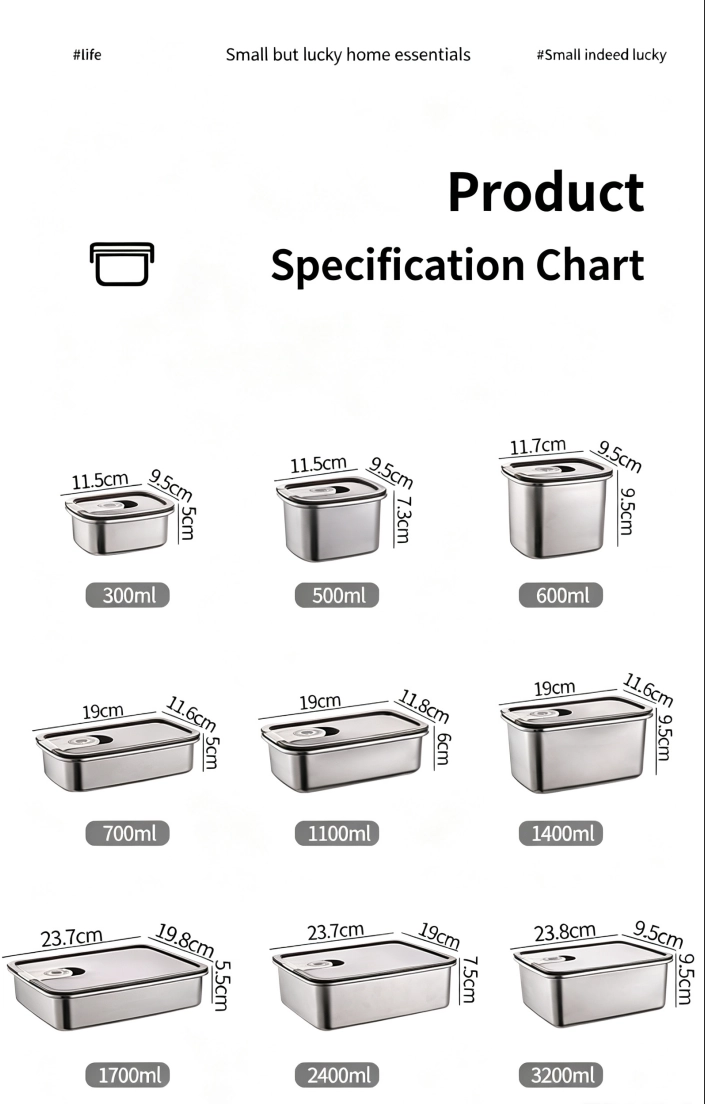 316L Stainless Steel Food Storage Container Multiple sizesSealed Fresh-Keeping Airtight Storage Box Lunch Box