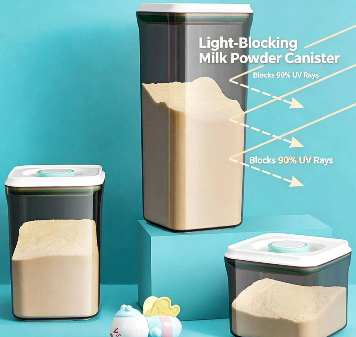 Light-blocking amber plastic airtight canister for coffee beans and milk powder—protects contents from light and oxidation.