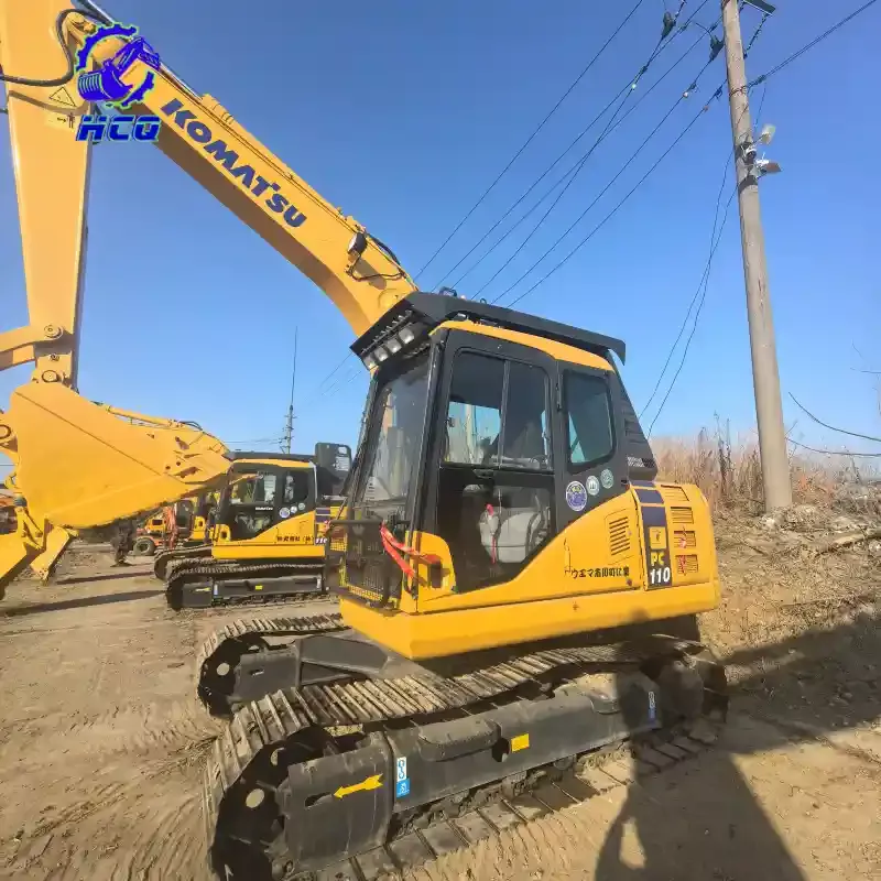 Used Komatsu PC110 excavator cabin exterior for video inspection vs SGS report, pre-purchase visual check of second-hand excavator condition