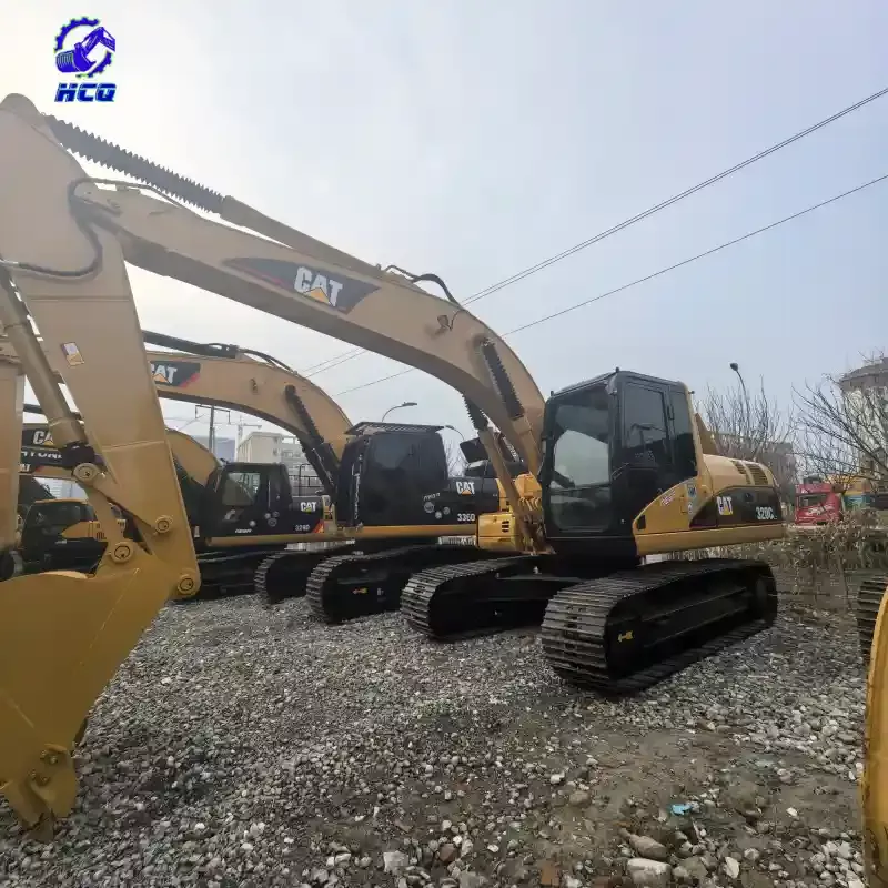 Multiple used CAT 320 excavators lined up, showing typical models with known common problems to inspect