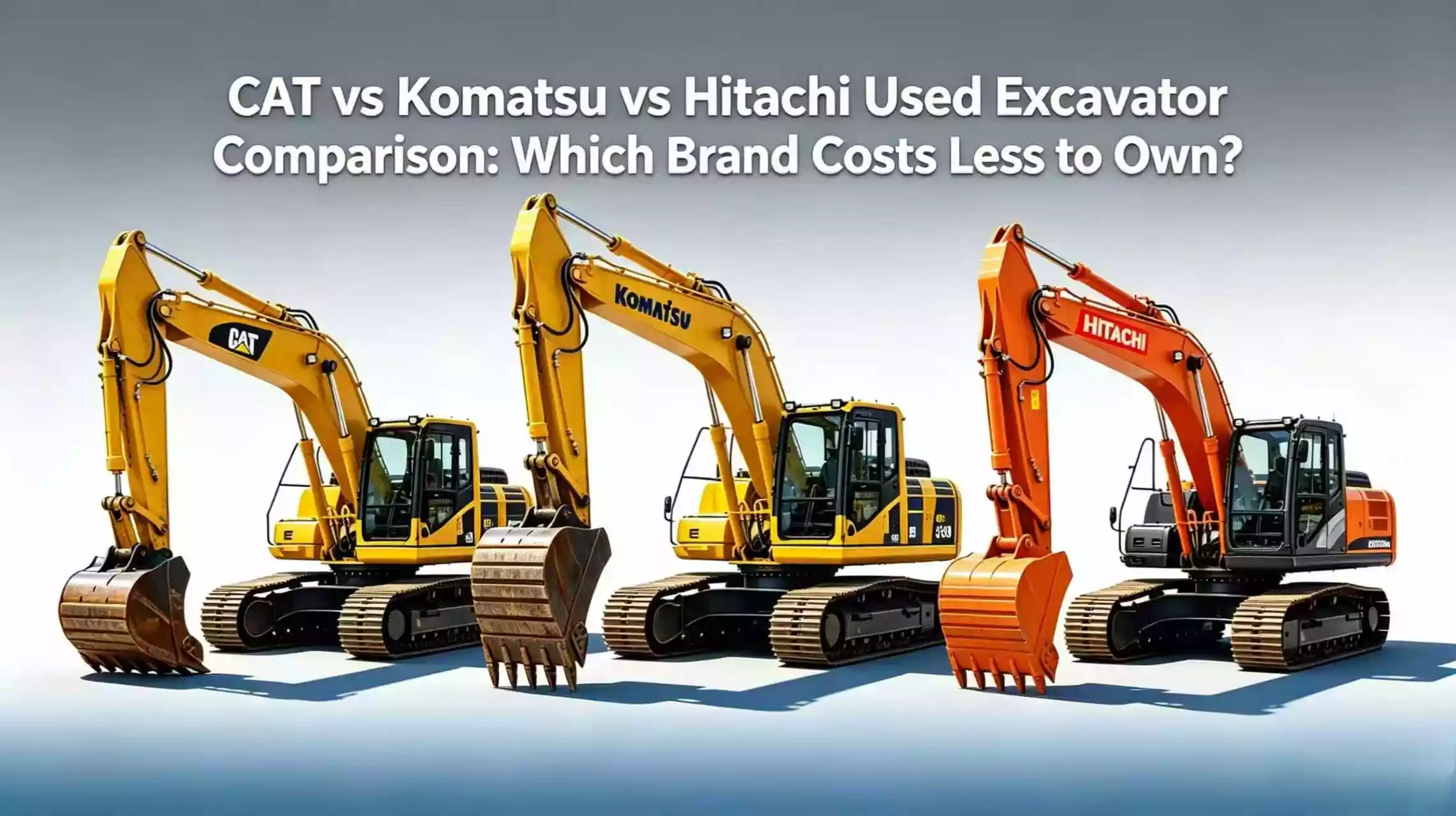 CAT vs Komatsu vs Hitachi used excavator comparison banner, three brands second-hand excavators side by side, compare ownership cost