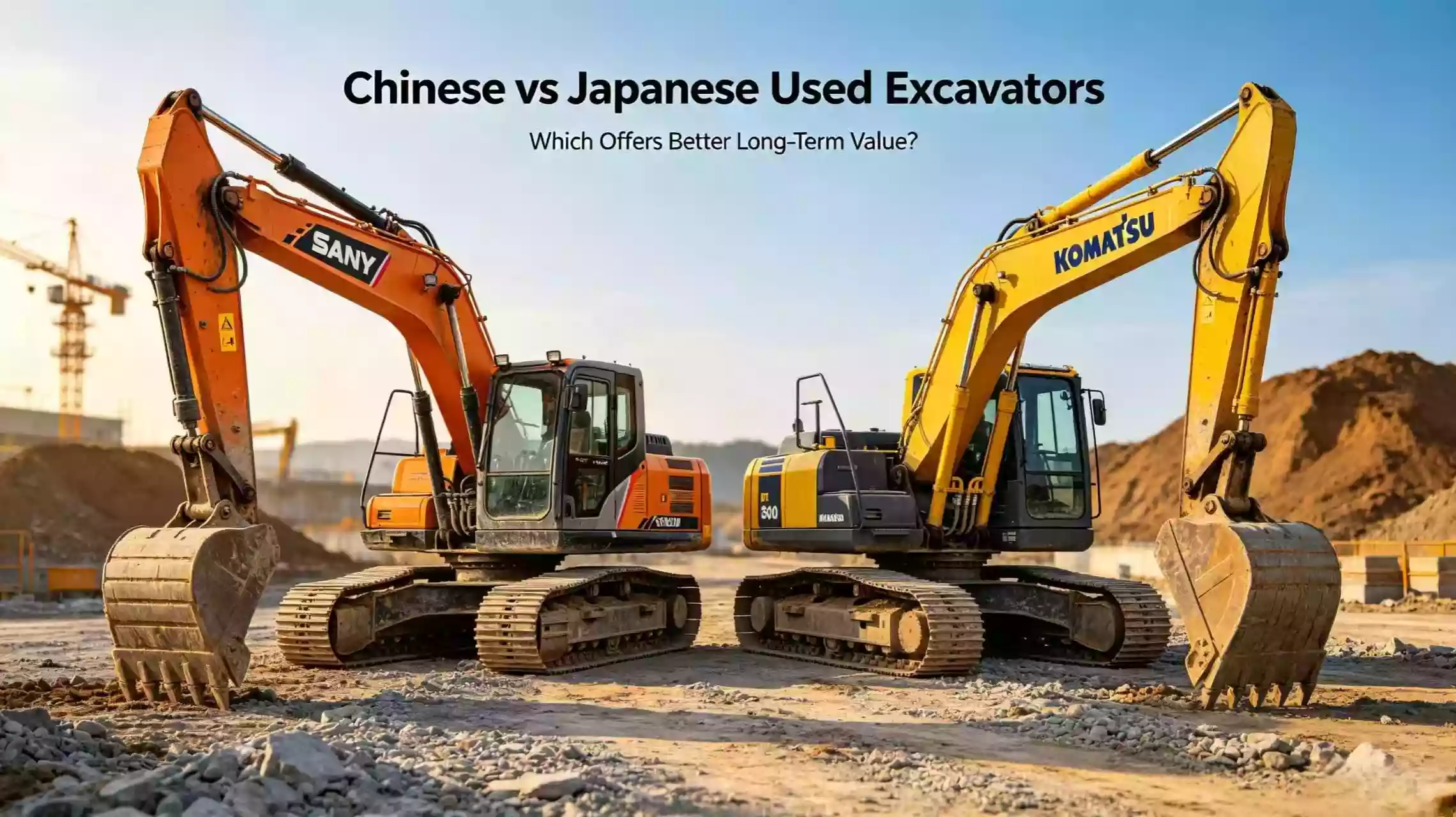 Chinese vs Japanese used excavators, Sany vs Komatsu second hand diggers construction site comparison