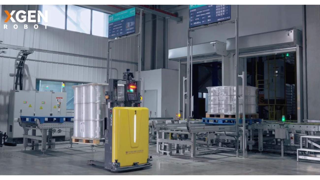XGEN Robot narrow aisle FMR transporting finished film rolls on 300 meter indoor outdoor route