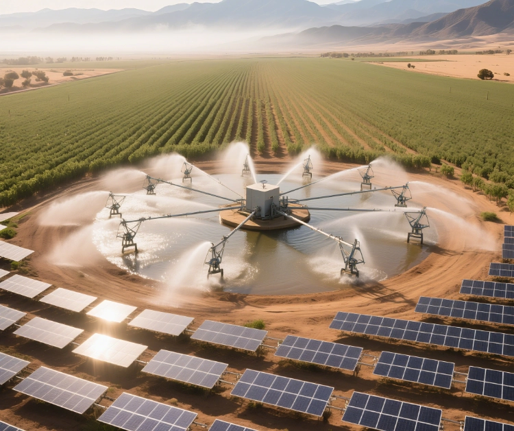 JNTech solar pump irrigating a green field under sunlight