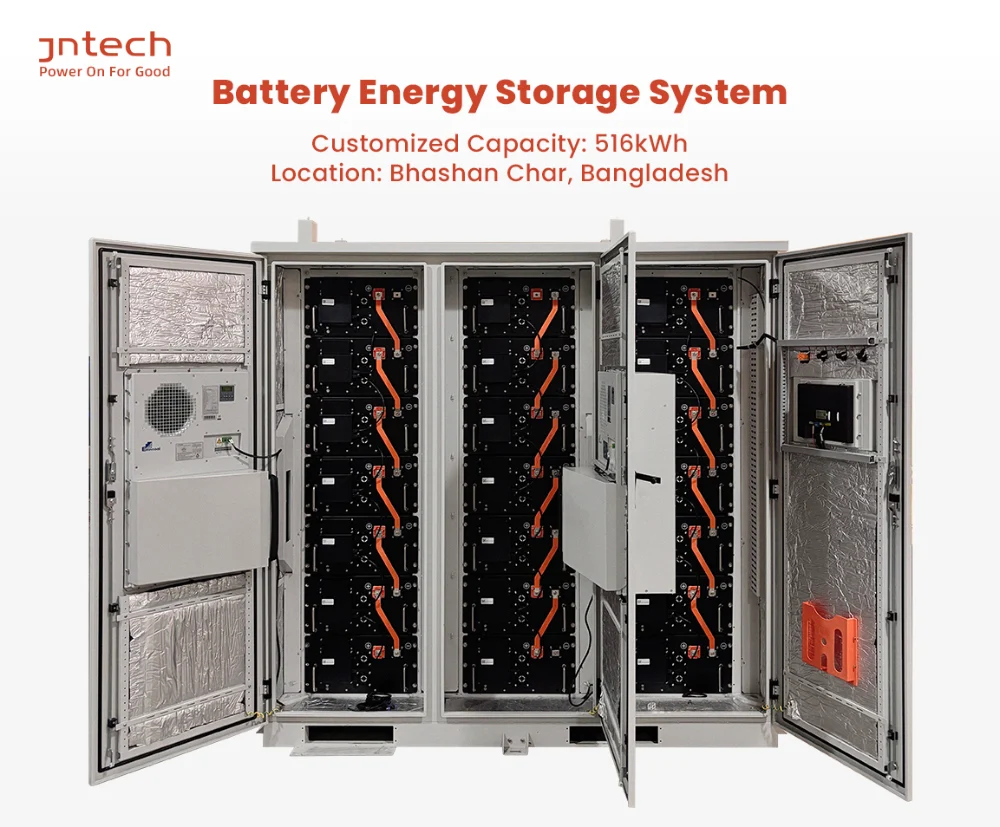 An internal view of JNTech's energy storage battery cabinet, showing neatly arranged battery modules and cables.