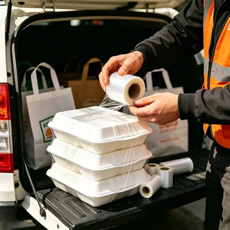 Food Grade Small Roll Stretch Film LLDPE Mini Stretch Wrap for Takeaway Food Box Sealing Leak Proof Self Adhesive Packaging Film for Restaurant Food Delivery