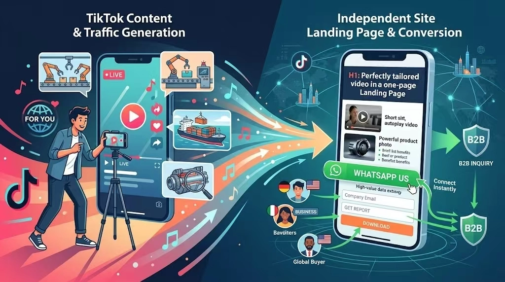 如何利用 TikTok给独立站引流呢？答案就是，操盘手们必须彻底抛弃“引流至官网首页”的无效思维，前端用硬核的“生产实感”短视频完成初筛曝光；后端将买家精准引流至移动端专属的隐藏落地页（LandingPage）。通过剥离冗长的传统表单，替换为WhatsApp即时通讯或极简的数字资料互换，强势实现从匿名看客到实名线索的闭环收口。