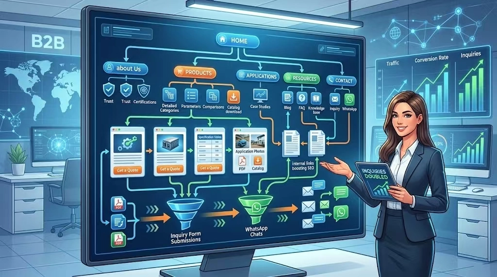 一个优秀的网站，就像是一个“隐形销冠”，它能够清晰的预判访客的访问意图，当海外买家进入网站时，科学的层级划分和内链布局能够引导他们以最短的路径找到产品参数、验证企业实力，并在他们决策意愿最强烈的瞬间，无摩擦地递上询盘表单或WhatsApp沟通入口。