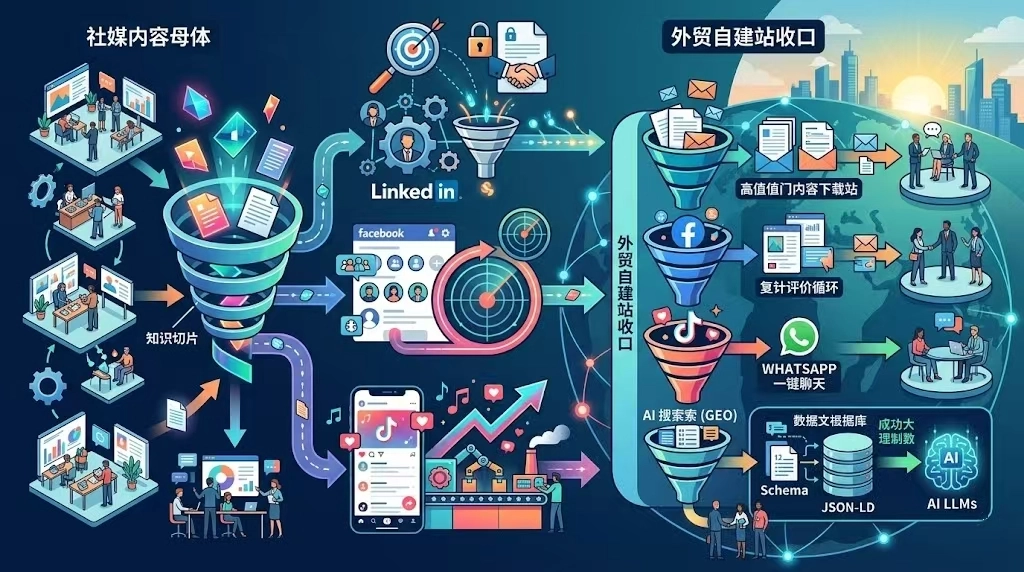 在B2B出海这个领域里，有个最大的痛点：“流量不等于询盘”。操盘手们表示：我天天在LinkedIn码字、Facebook进组、TikTok拍工厂，这数据看着挺热闹的，但我的询盘怎么失踪了？其实，外贸自建站精准获取询盘的核心，不是你发了多少贴、拍了多少视频；而在于你是否打通了，从“社媒内容”到“独立站收口”的数字化闭环。