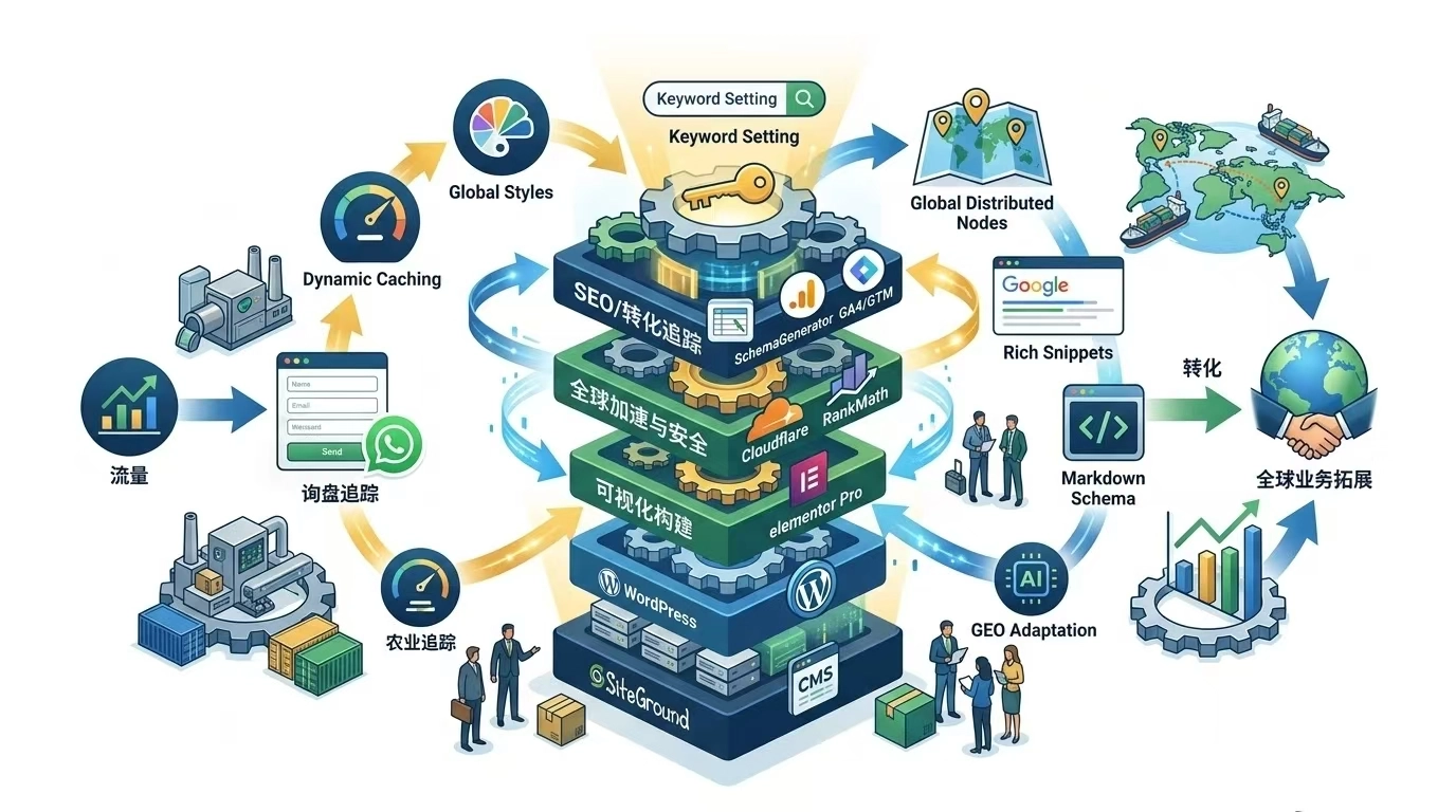 一套完成的工具链应包含：WordPress（内容管理）、SiteGround（服务器）、Cloudflare（加速与安全）、Elementor（可视化设计）、RankMath（SEO优化）及GA4/GTM（转化追踪），这六大工具构成了独立站从“骨架”到“灵魂”的完整闭环。