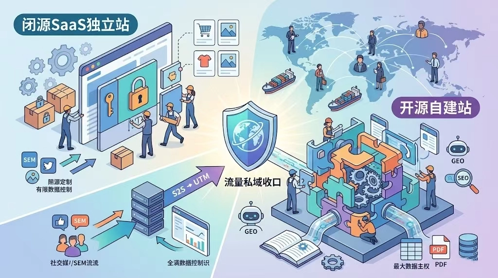 “独立站”是商业模式与流量主权。它代表企业摆脱了第三方平台（如阿里国际站）的规则制约，建立起完全自主的品牌阵地，是全域引流（SEM、社媒等）的最终私域收口。