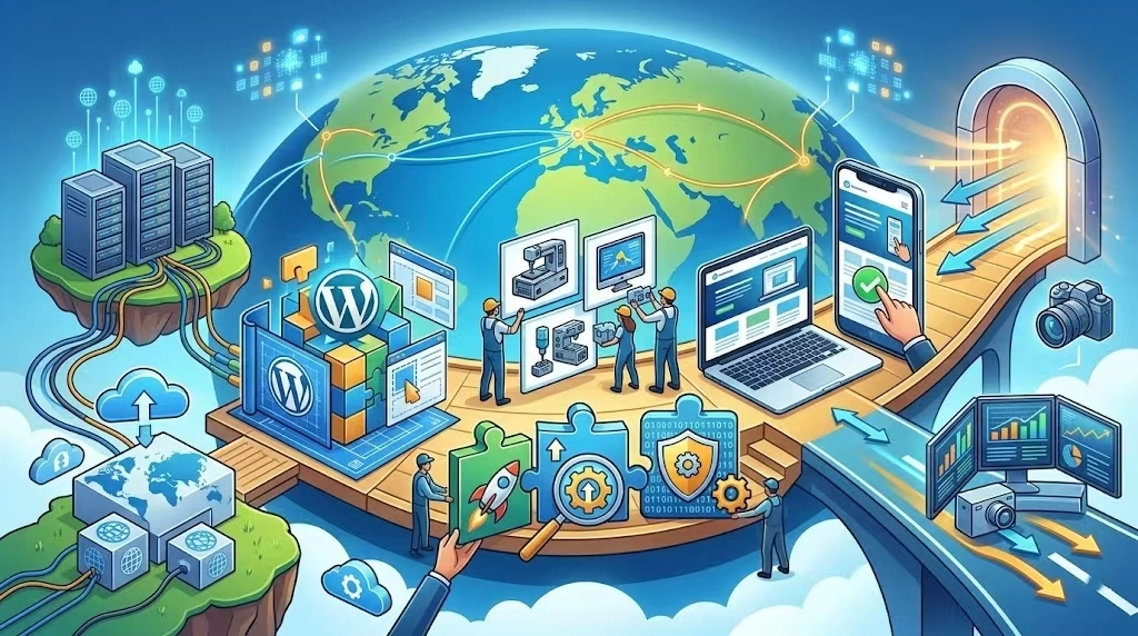 WordPress外贸独立站建站过程分为五个关键阶段：确立“门牌”与“地基”（域名与服务器）、部署系统与搭建骨架（WP设置与主题）、填充内容与功能组件（图文与插件）、移动端适配与质检（测试与解除屏蔽）、装上“监控”并开始引流（数据与运营）。