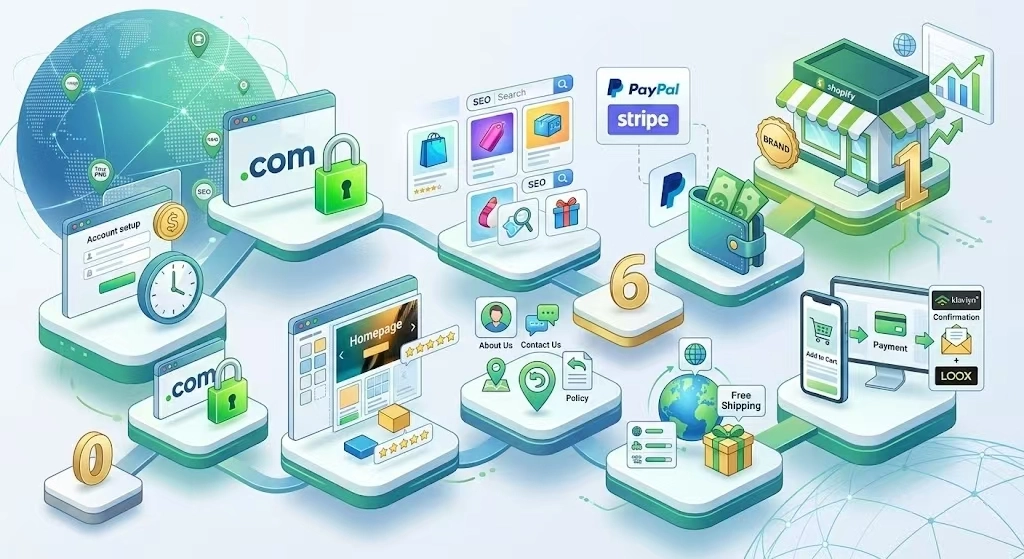 Shopify建站全流程分为这几个部分：注册与基础配置、域名解析与安全认证、视觉风格与页面排版、产品上架与类目规划、完善信任与政策页面、打通收款通道、制定物流规则、接入插件与上线终检。