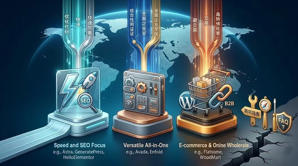 WordPress外贸自建站使用最多的主题有哪些？目前市面上使用率最高、口碑最好的WordPress主题分为这三大阵营：速度与SEO优先”阵营、全能瑞士军刀阵营、跨境电商与在线批发”阵营。