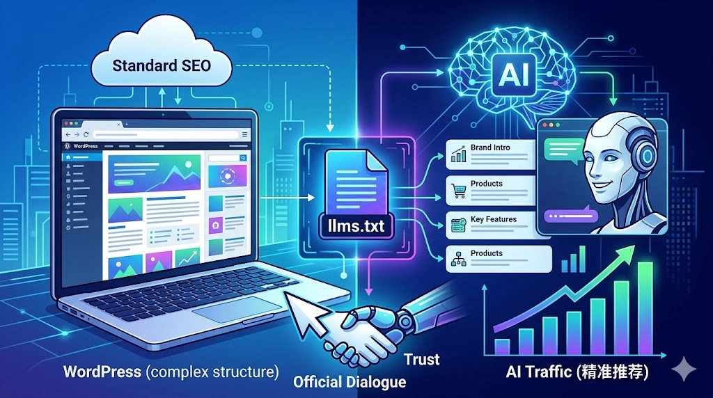 WordPress网站生成LLMs.txt的作用是什么？核心在于：它不仅仅是一个简单的文本文件，更是你的网站与大语言模型对话的官方名片。