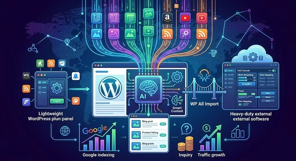 前市面上面向海外主流平台的工具主要分为两大阵营：后台直装插件（适合中小型站点全自动挂机）和独立软件/云平台（适合大数据量与复杂规则提取）。