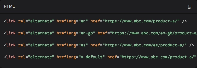 代码示例：假设你的主页面有英文（针对全球）、西班牙语、以及针对英国的英文三个版本