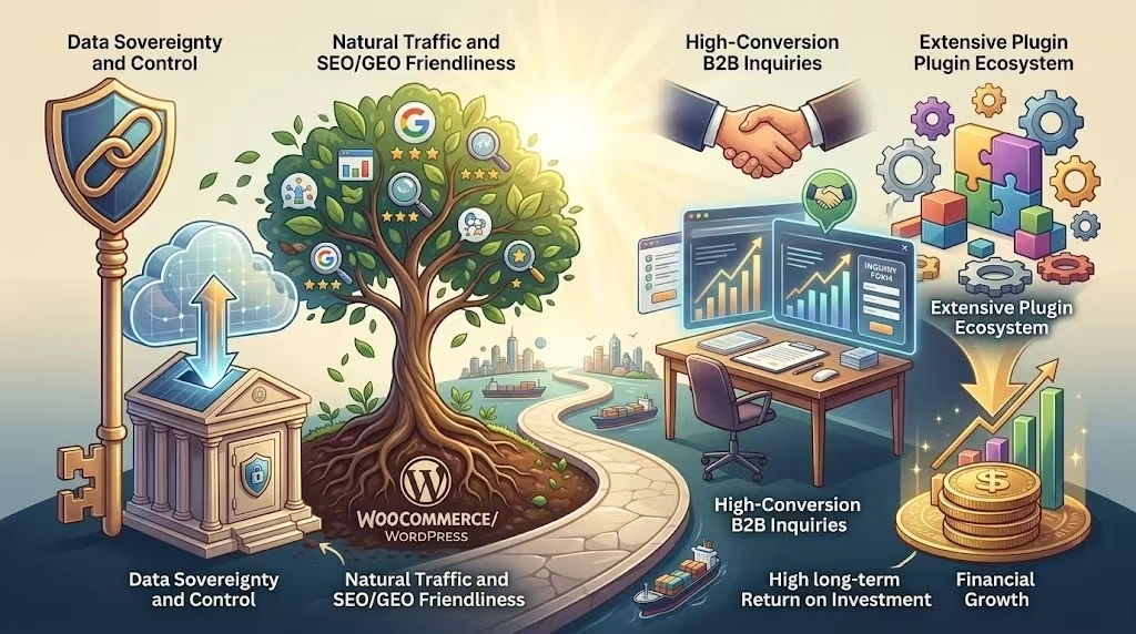 那么，在告别了昂贵的SaaS月租平台，免费的独立站WooCommerce建站，都有哪些优势呢？优势在于：数据的自主控制权、自带的引流体质、B2B业务的高转化询盘、全域营销的无缝对接、极佳的长期投资回报率。