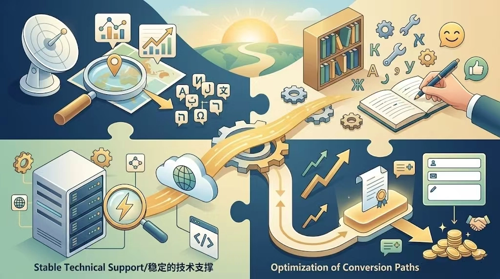 想要让你的小语种独立站，从简简单单的花架子，变身成流量询盘的收割机。这几个注意事项很重要——根据市场精准布局、深耕本地化的内容创作、稳定的技术支撑、优化转化路径。