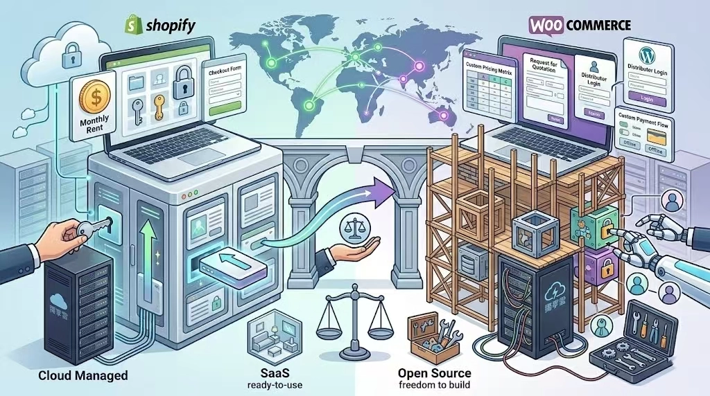 Shopify属于全托管的SaaS平台，无需关心服务器、安全、更新等技术问题；而WooCommerce则是开源 WordPress插件，需自行管理主机、插件兼容性、安全补丁等。