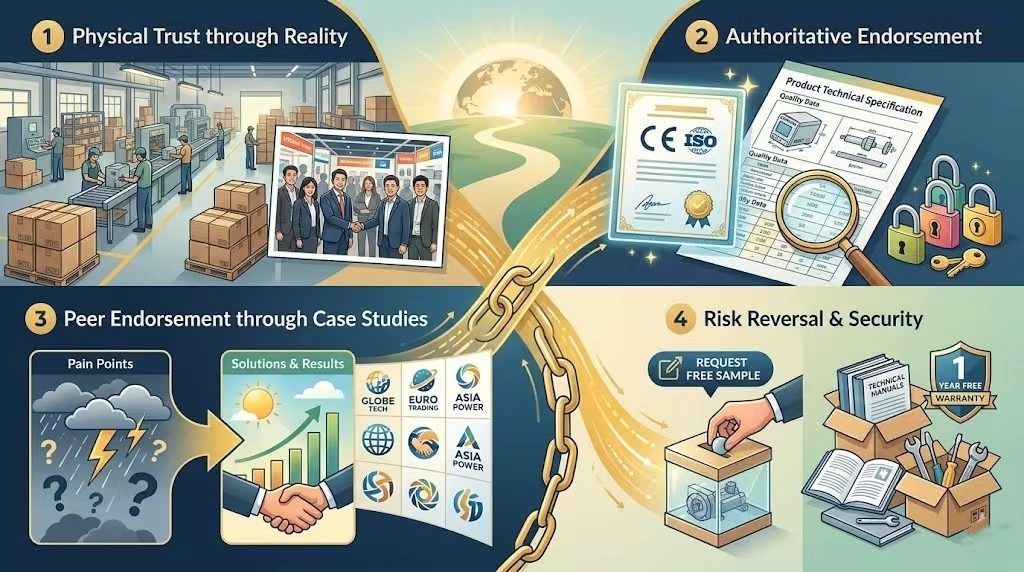 如果你的网站不能快速建立强大的信任感，流量再大也是竹篮打水一场空。所以想要打破海外买家防备心，光靠嘴说用，要看实际行动。比如：展现真实的原生态、把硬核实力亮出来、讲好真实的客户故事、帮客户卸下心理包袱，通过信任把实力具象化。