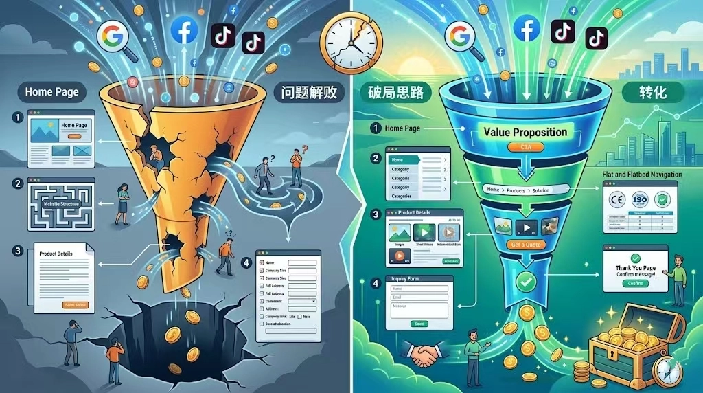 想要知道为什么你的网站有流量没询盘？那就要看看你的独立站在建站时，有没有踩这几个坑——首页留不住人、网站布局太复杂、详情页缺乏购买信任、询盘表单繁琐。