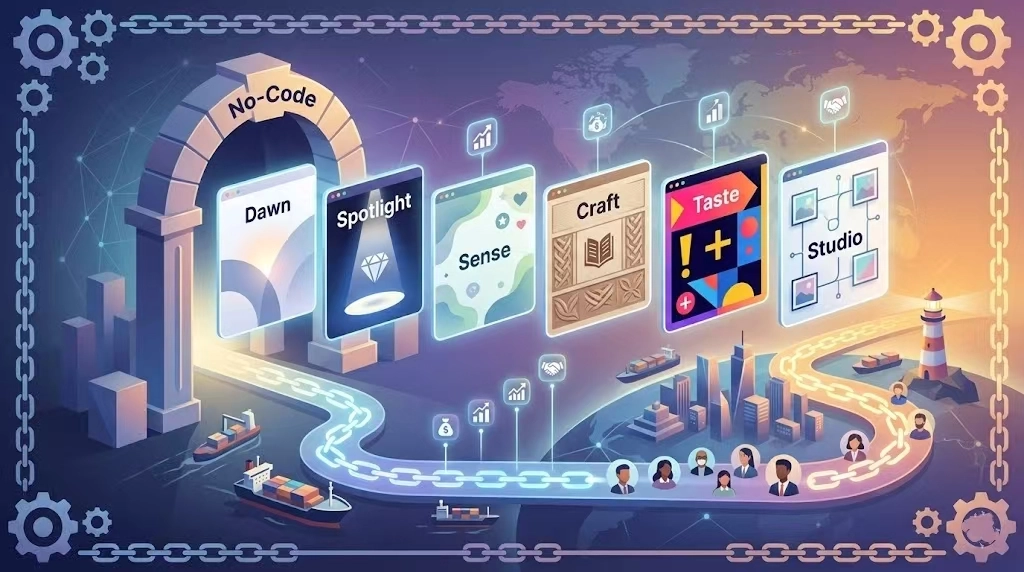 那么Shopify免费外贸模板都有哪些呢？分别是：Dawn、Spotlight、Sense、Craft、Taste、Studio。千万不要觉得便宜没好货啊，这几款模版不仅代码底子干净，更是经过了无数卖家的多轮测试，还是很抗打的。