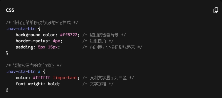 我们可以在这里编写一段代码,把刚才标记的 nav-cta-btn 类名变成一个精美的 B2B 询盘按钮。