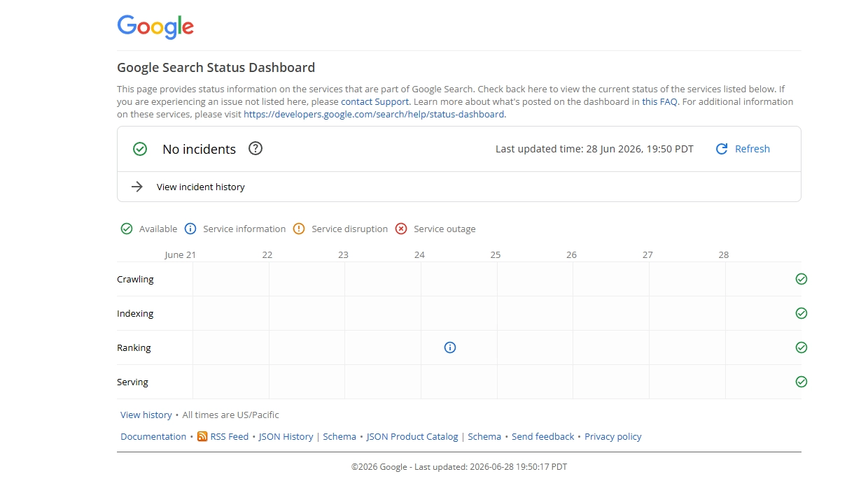 Google在此期间也会通过 Search Status Dashboard 持续同步搜索系统的运行状态与更新进度，用于说明当前搜索基础设施是否存在异常或正在进行系统级调整