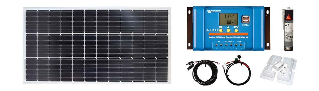 60W to 100W monocrystalline solar panel with complete accessories kit – including PWM charge controller, MC4 connectors, solar cable, Z-brackets, inline fuse, and alligator clips for 12V RV fridge, boat battery and off-grid cabin installation