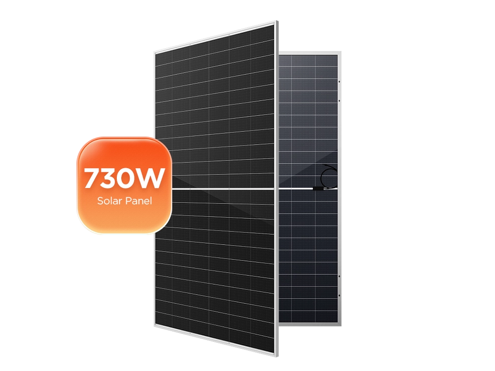 Side view of 730W N-Type TOPCon bifacial solar panel showing 210mm 132 cells layout and reinforced frame for utility solar farm installation