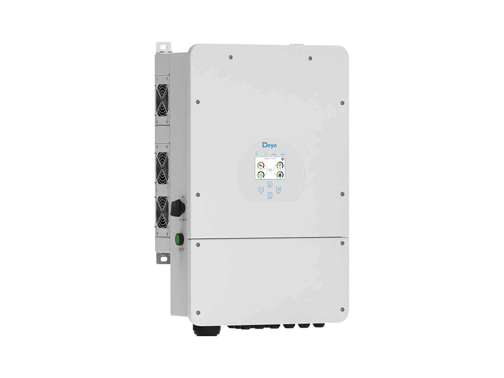 Deye 8K 12K split phase hybrid inverter side view – parallel communication ports for 16-unit stacking, 250A battery terminals, and dual fan cooling system for home backup installation