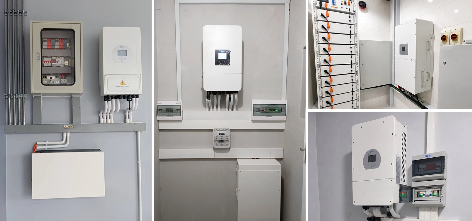Deye SUN series split phase inverter installation case collage – wall-mounted installations in residential and commercial settings, showing proper clearance, battery integration, and PV connection for US solar storage systems