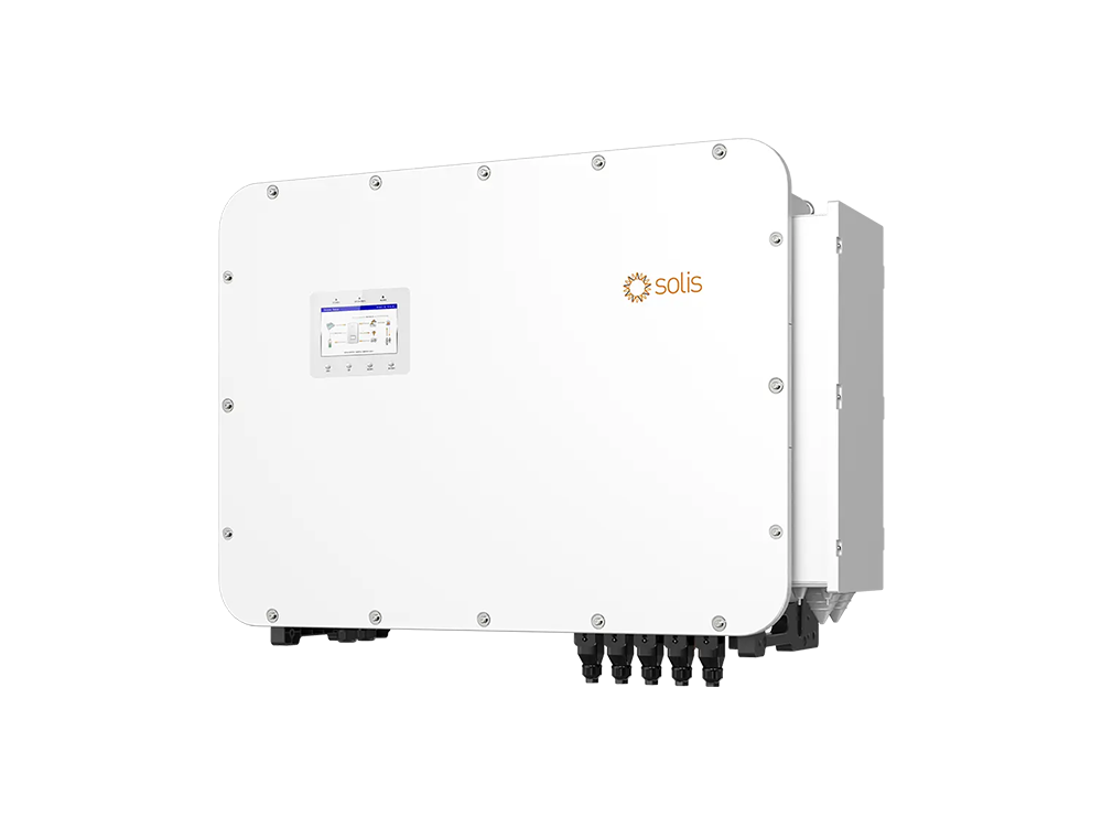 Solis S6 60kW 75kW three phase hybrid inverter side view – industrial-grade AC/DC terminals, high voltage battery ports, and heavy-duty cooling system for commercial energy storage installation