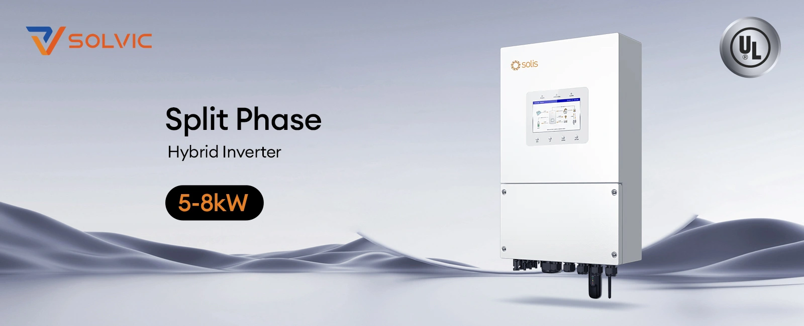 Solis S6-EH2P 5-8kW split phase hybrid inverter poster – 120/240V output, 40-60V low voltage battery compatibility, 200% overload for 10s, and 7-inch industrial LCD screen for residential energy storage