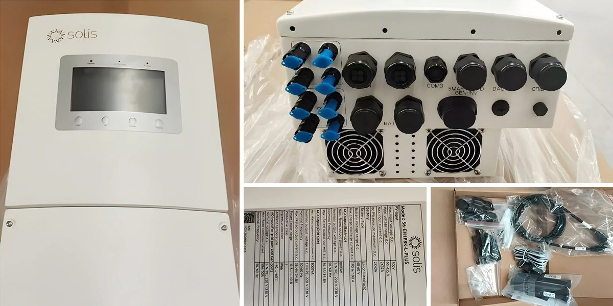 Solis S6-EH2P 5-8kW hybrid inverter detail close-up – 7-inch industrial grade LCD display, battery port for 40-60V lithium or lead-acid batteries, and connection terminals for split phase energy storage systems