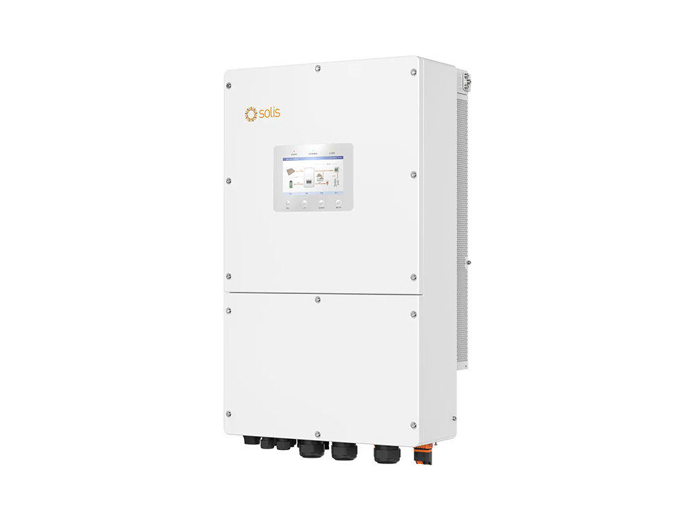 Solis S6-EH3P 30-60kW commercial hybrid inverter side view – heavy-duty AC/DC terminals, industrial-grade cooling fans, and wall-mount bracket for warehouse or utility room installation