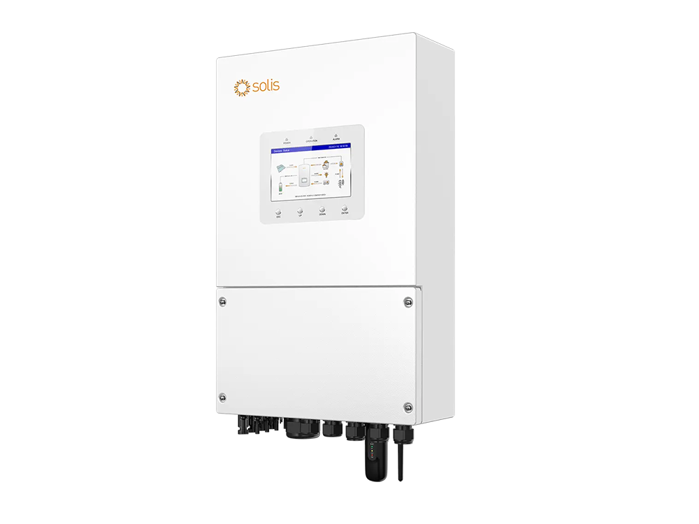 Solis S6 Series 5-8kW split phase hybrid inverter side view – IP66 sealed enclosure, passive cooling fins, and cable ports for weatherproof home backup installation、