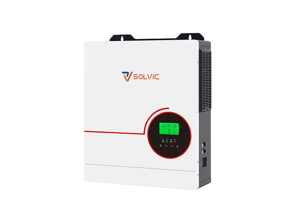 Solvic 3.3KW/6.3KW 120V hybrid solar inverter side view showing finned heat sink and cooling vents – UL certified for Latin America and US residential solar storage