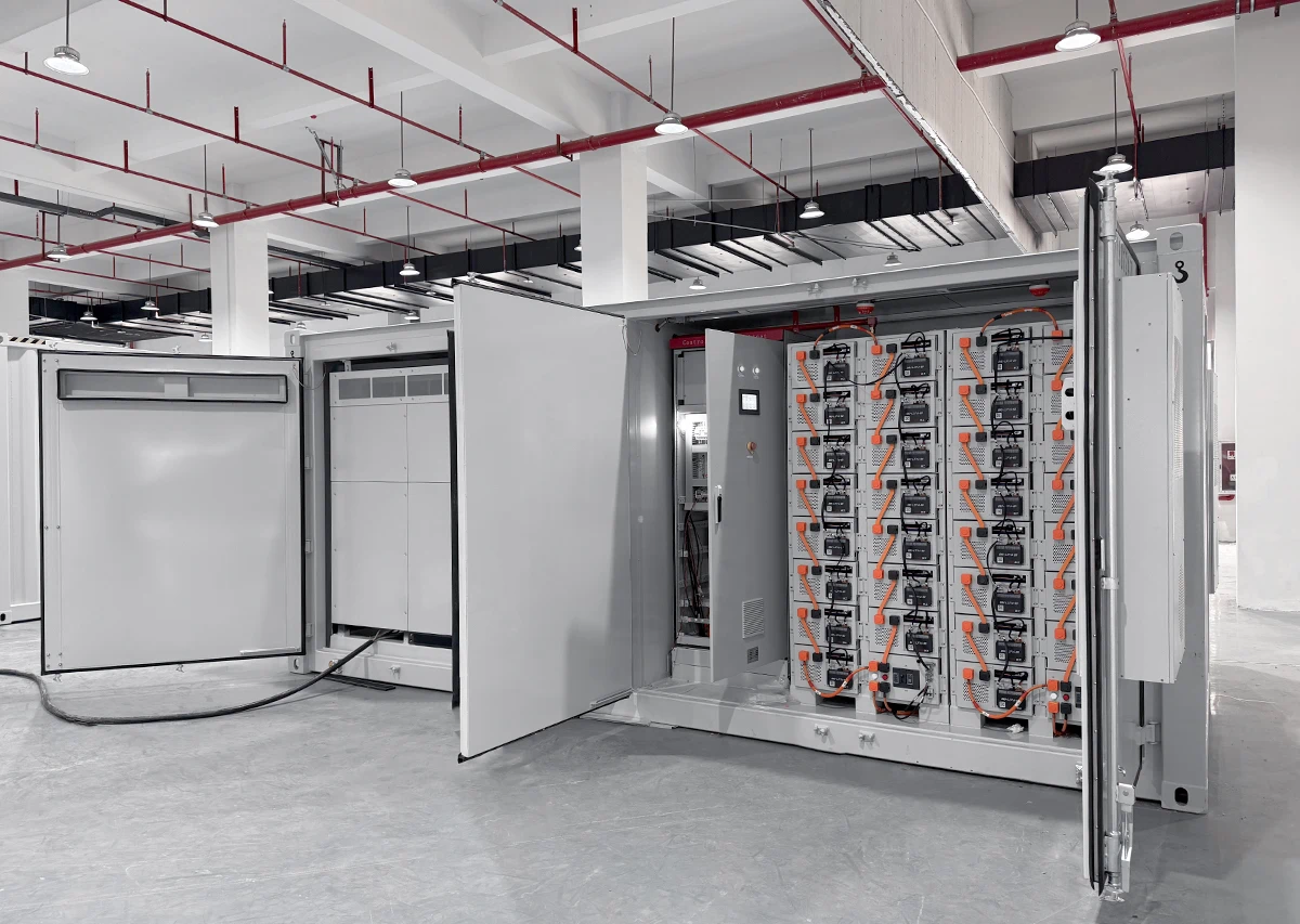 20ft container battery storage open view showing battery racks BMS and internal layout
