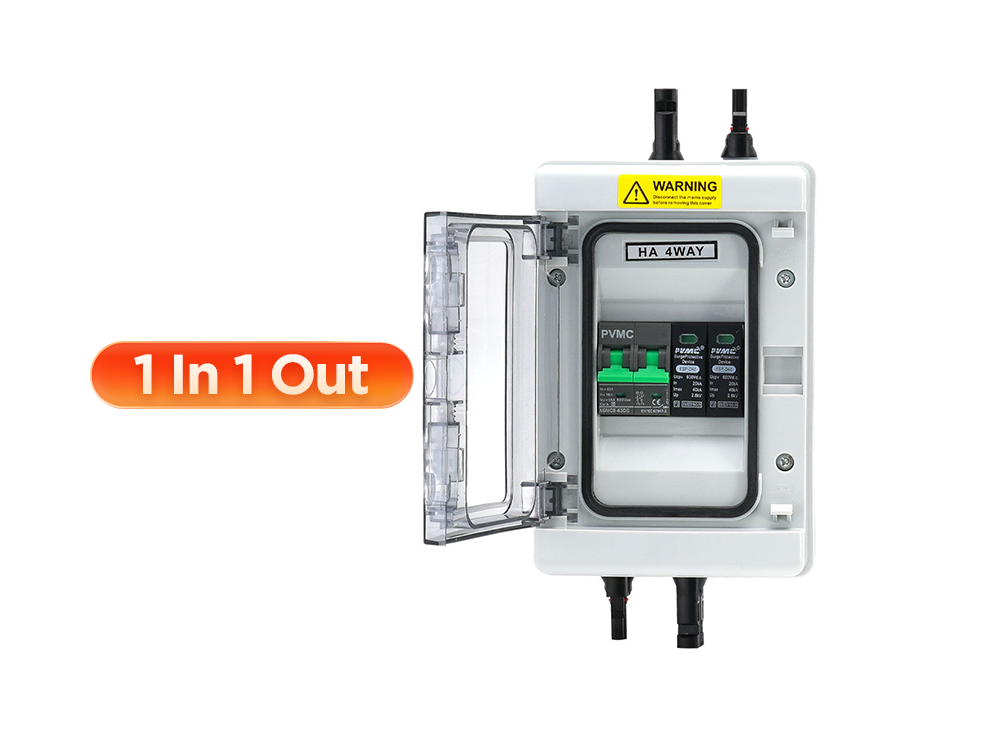 600V 1-in-1-out solar PV DC combiner box front view – IP65 weatherproof enclosure, wall mount design, for solar panel string combining with surge protection device