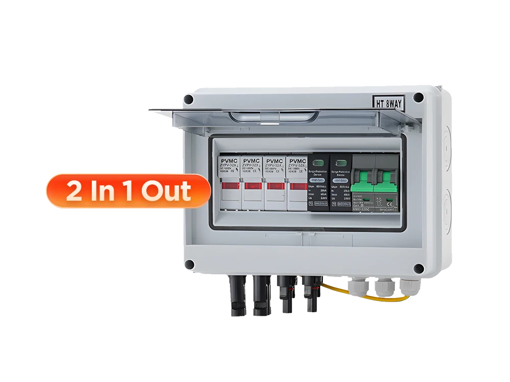 600V 2-in-1-out solar PV DC combiner box front view – IP65 outdoor weatherproof enclosure, SPD surge protection, fuse-free design for reliable solar string combining