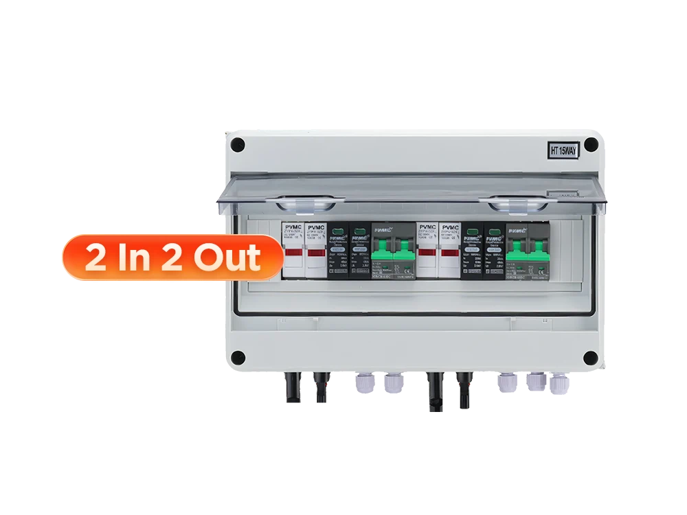 600V 2-in-2-out solar PV DC combiner box front view – IP65 outdoor weatherproof enclosure, SPD surge protection, fuse-free design for reliable solar string combining